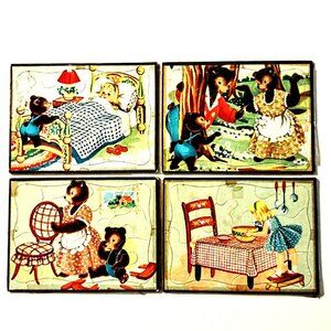 Set 4 Vtg Child's Inlay Puzzles (5.5" x 7.5", Est. 1950s) ~ Goldilocks & 3 Bears